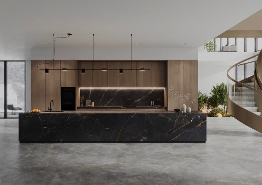 Lava Gray porcelain surfaces in a contemporary kitchen