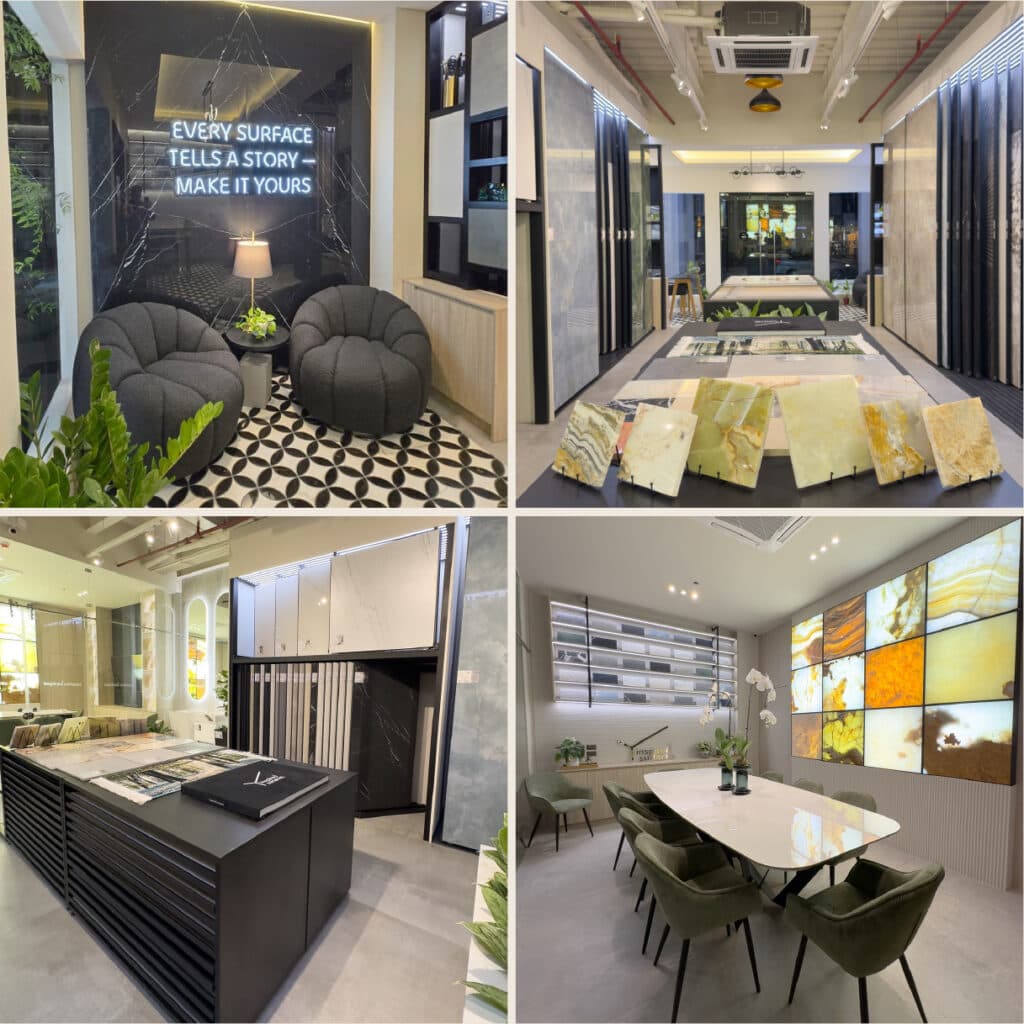 Inspired Surfaces showroom with stone slabs and material displays